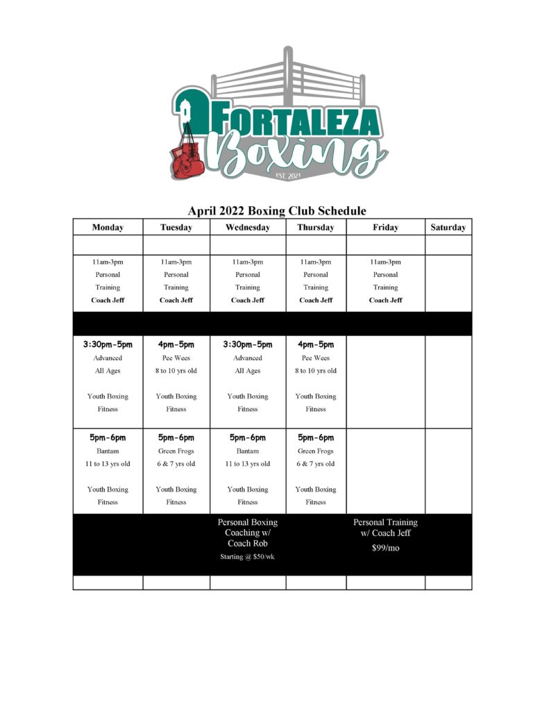 Boxing Schedule Fortaleza Rehab & Fitness